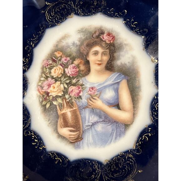 Royal Bavarian China Portrait Lovely Lady Plate 8" Cobalt - Picture 2 of 3